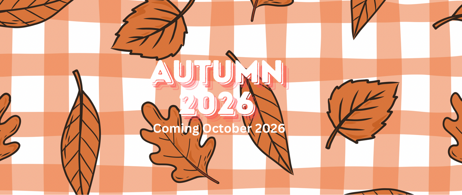 Autumn 2026 design featuring colorful leaves on a checkered background, promoting upcoming limited edition collection.