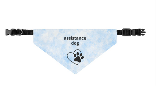Digital design of a dog bandana with 'assistance dog' text on a computer screen.