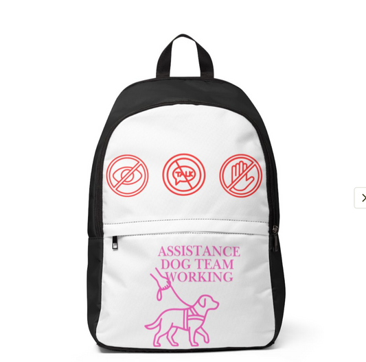 Backpack with 'Assistive Dog Team Working' text and symbols on a screen displaying a print service website.