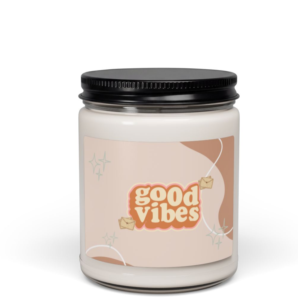 Candle with 'good vibes' text on a screen displaying print options.