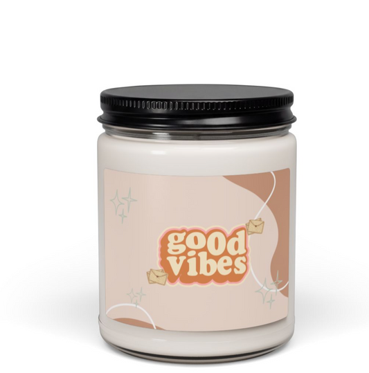 Candle with 'good vibes' text on a screen displaying print options.