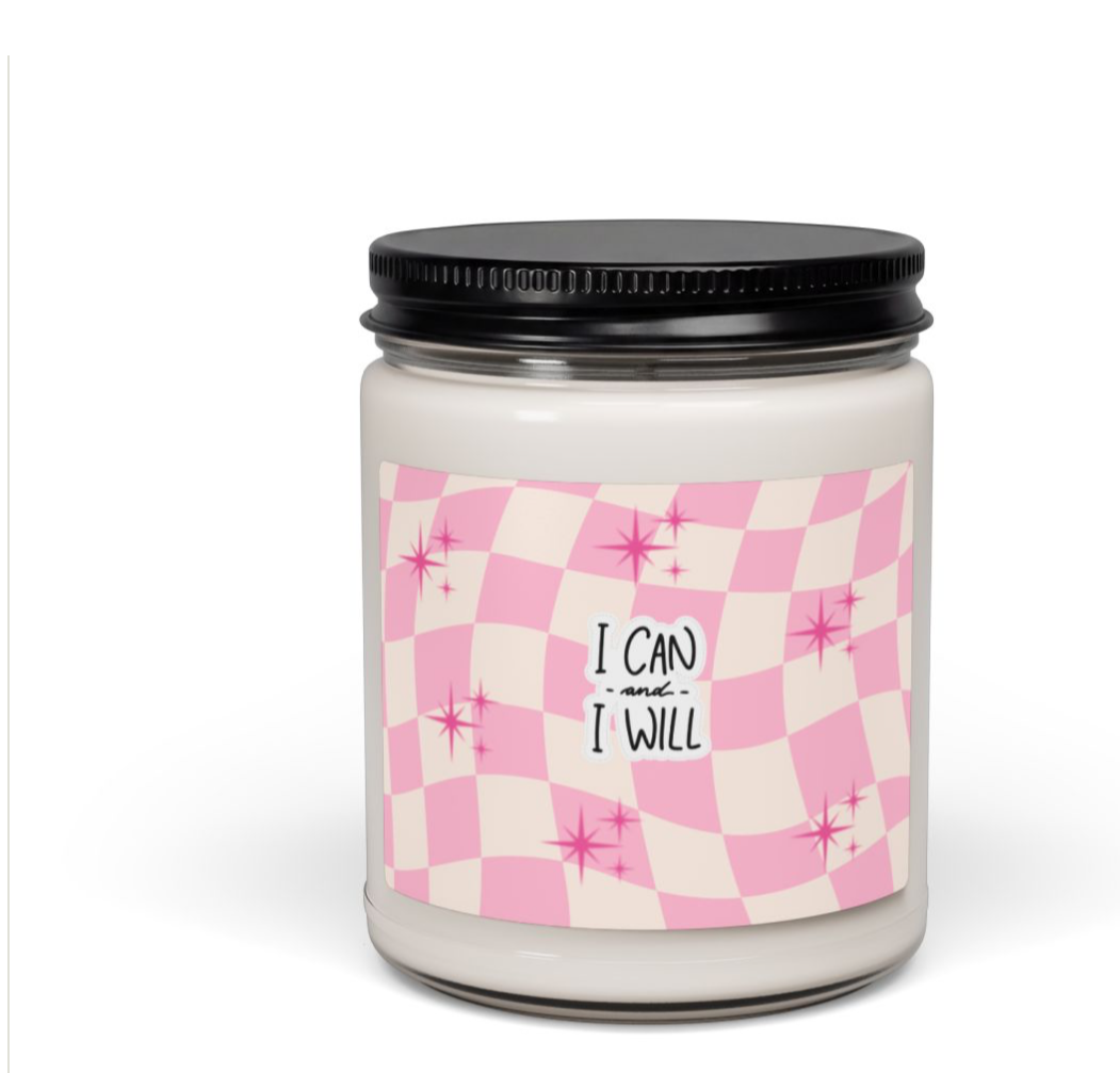 Candle with a pink and white checkered label on a design platform