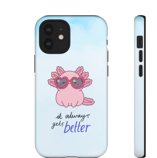 Phone case design with a pink character and text on a website interface